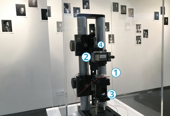  (1) Tấm kính đựng giọt nước, (2) máy ảnh 18 MP, (3) tấm gương đặt chếch góc 45 độ, (4) ống nhựa dùng để ngăn các ánh sáng ngoài làm ảnh hưởng đến ảnh. 