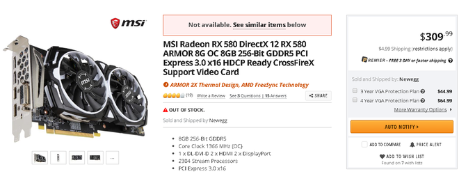  Một chiếc VGA RX580 8GB được bán với giá 310 USD và nhanh chóng hết hàng. 