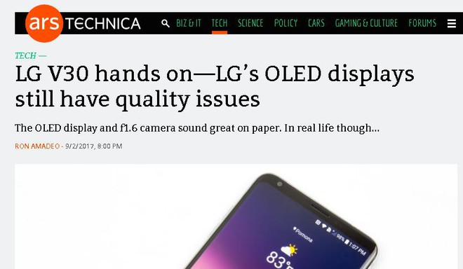  Arstechnica đánh giá màn hình OLED của LG V30 có nhiều vấn đề. 