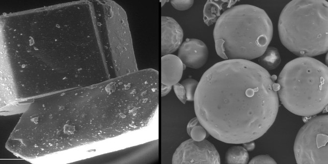  Bên trái là tinh thể đường bình thường, bên phải là tinh thể đường rỗng của Nestlé khi nhìn dưới kính hiển vi 