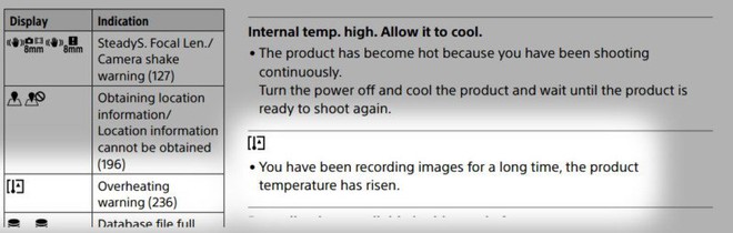  Đoạn giải thích biểu tượng quá nhiệt trong sách hướng dẫn của Sony a9. 