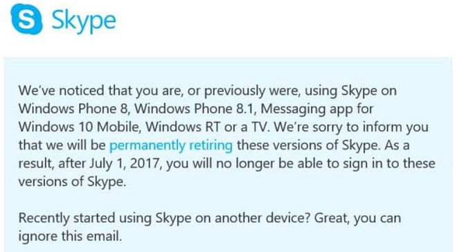  Thông báo của Microsoft về việc ứng dụng Skype trên Windows Phone sẽ ngừng hoạt động từ tháng tới 