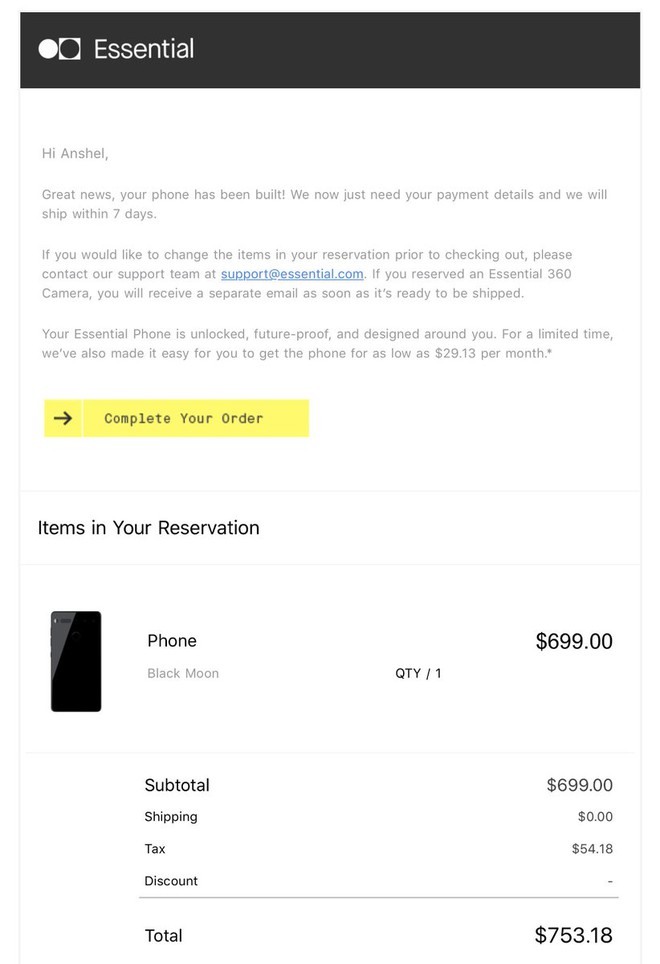  Essential Phone đã gửi email tới khách hàng đặt trước thông báo sẽ giao hàng trong tuần tới. 