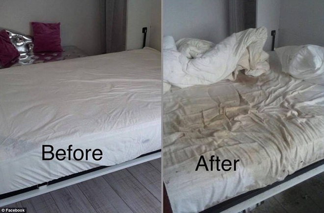 Chiếc giường trước và khi cho một người khách thuê nhà 3 tuần.