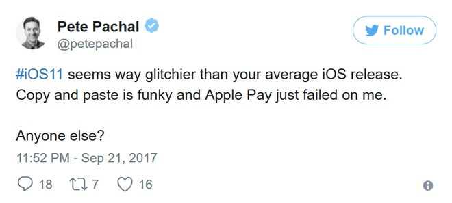  Biên tập viên công nghệ Pete Pachal của Mashable chia sẻ trên Twitter: ...tính năng Copy paste có vấn đề và Apple Pay bị lỗi 