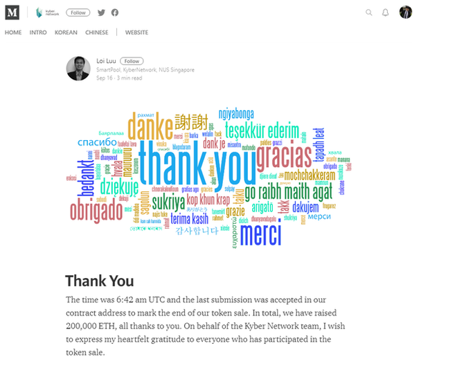  CEO Kyber Network thông báo trên trang cá nhân về thương vụ Token Sale thành công 