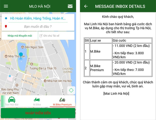  Bảng giá cước dịch vụ xe ôm công nghệ đã được gửi đến người dùng ứng dụng Mai Linh Taxi. 
