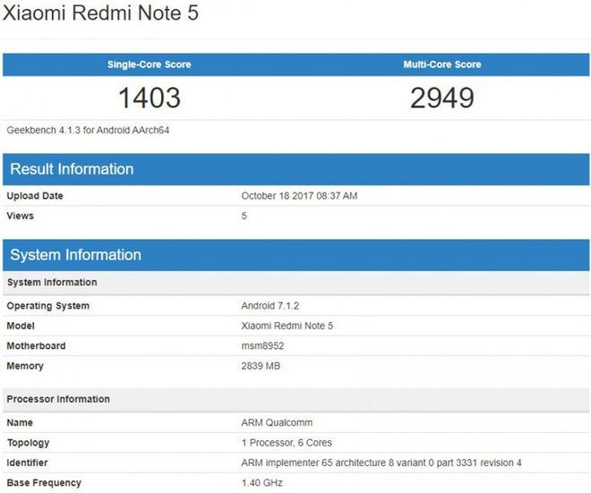  Rò rỉ ảnh Geekbench của Xiaomi Redmi Note 5 