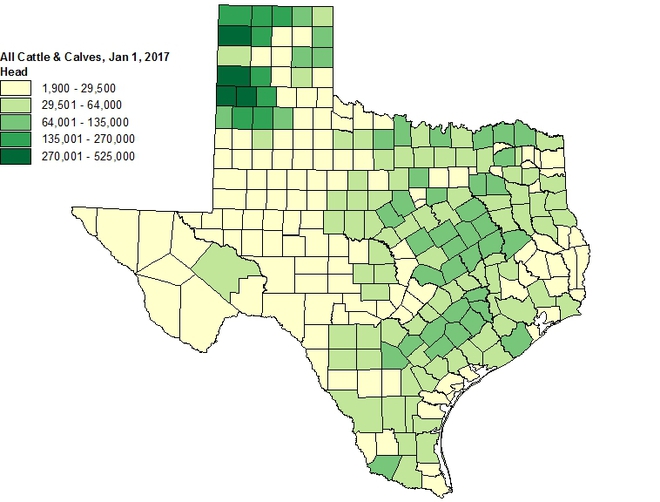  Số lượng gia súc tại Texas, số liệu ngày 1 tháng 1 năm 2017. 