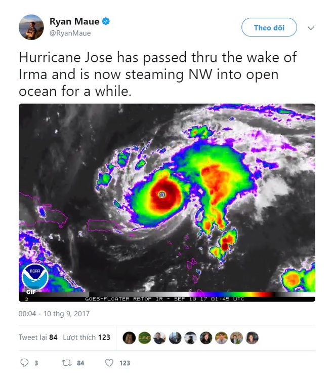  Bão Jose đã vượt qua Irma và hiện đang tiến về phía phía đông bắc vào đại dương. 
