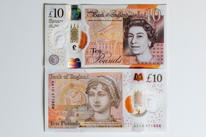  Mặt trước (phía trên) và mặt sau của tờ tiền 10 Bảng Anh mới. Những tờ tiền cũ in hình nhà nghiên cứu Charles Darwin giờ sẽ được thay thế bằng Jane Austen, nữ văn sĩ nổi tiếng ở thế kỷ 19. 
