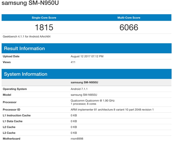  Điểm đơn nhân và đa nhân của Galaxy Note 8 bị rò rỉ 