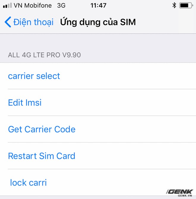  Dấu hiệu duy nhất để biết rằng đây là máy lock là trong mục Ứng dụng SIM có một vài tính năng của SIM ghép như chọn nhà mạng, khởi động lại SIM ghép, khóa nhà mạng... 