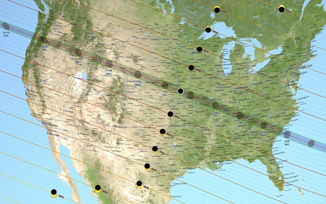  Bản đồ Hoa Kỳ về hiện tượng nhật thực toàn phần ngày 21/8/2017 