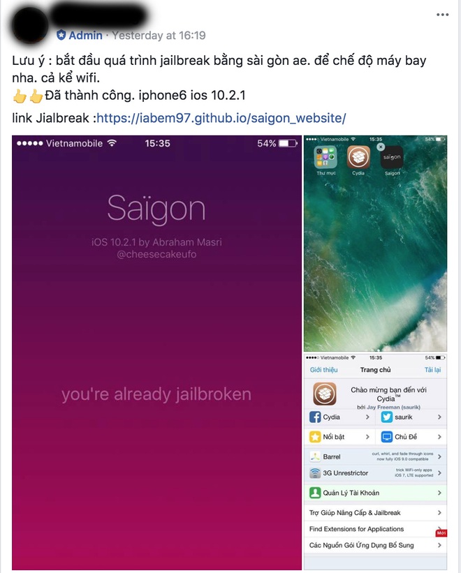  Admin của một nhóm iPhone trên Facebook chia sẻ về việc jailbreak thiết bị 