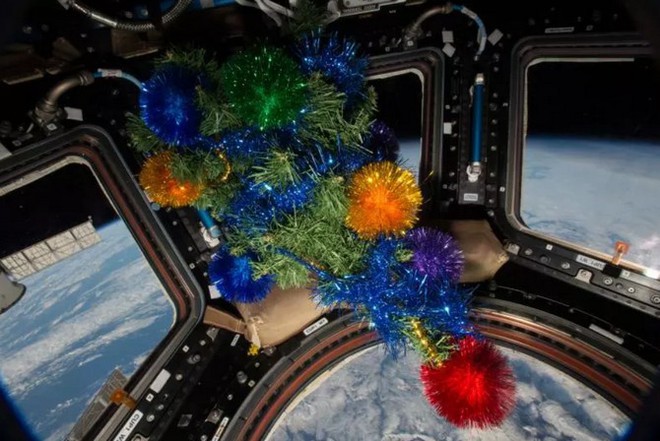 Các phi hành gia trên trạm ISS đặt cây thông Noel trong khoang vòm vào năm 2015. Ảnh NASA