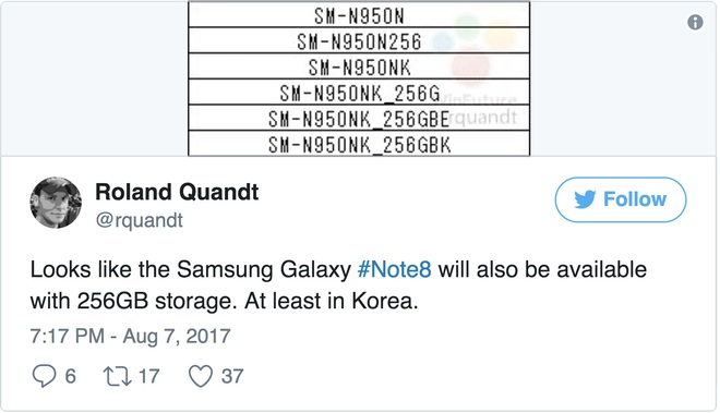  Galaxy Note 8 có nhiều mã khác nhau cho từng khu vực 