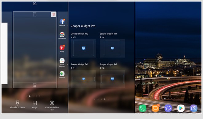  Để cài widget lên màn hình chính của smartphone, bạn chỉ cần nhấn giữ vào một khoảng trống trên màn hình rồi chọn Widget (Tiện ích). Hãy kéo xuống cuối trang để chọn Zooper Widgets, nhấn giữ một thẻ nào đó rồi kéo ra màn hình, bạn có thể chỉnh kích thước lại sau. Lúc này, ở màn hình chính sẽ có khung widget màu đen nhạt trong suốt. Đây là vị trí để bạn đặt các widget vào. 