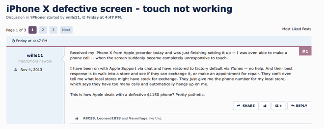  Một số người dùng phàn nàn về việc iPhone X bị liệt cảm ứng trên các diễn đàn 