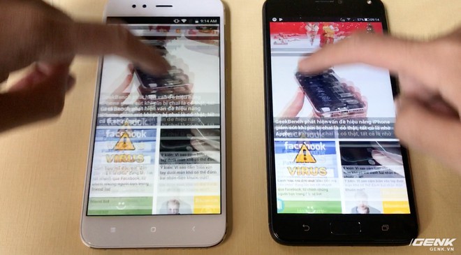  Hình ảnh cắt từ clip slow-motion cuộn trang web giữa Mi A1 (trái) và Zenfone 4 Max Pro (phải). Có thể thấy hình ảnh trên màn hình của Mi A1 bị ghosting (bóng ma) nặng hơn nhiều so với Zenfone 