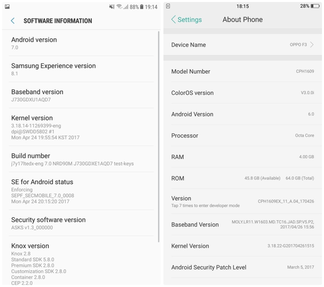  Galaxy J7 Pro chạy sẵn Android 7.0, trong khi OPPO F3 thì chỉ là Android 6.0 