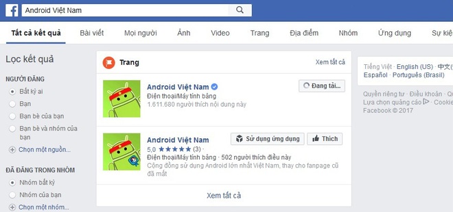  Khi tìm kiếm trên facebook, fanpage của Android Việt Nam vẫn hiện lên với trên 1,6 triệu like và dấu tích xanh 