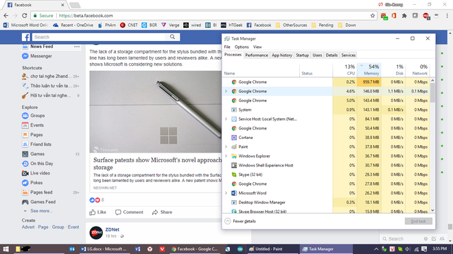 Lướt facebook chỉ sau vài giờ, Chrome đẩy dung lượng RAM tiêu thụ lên... gần 1GB. 