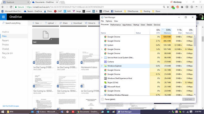  Facebook và xem kho file của mình trên OneDrive: tổng cộng, Chrome ngốn gần 1.5GB. 
