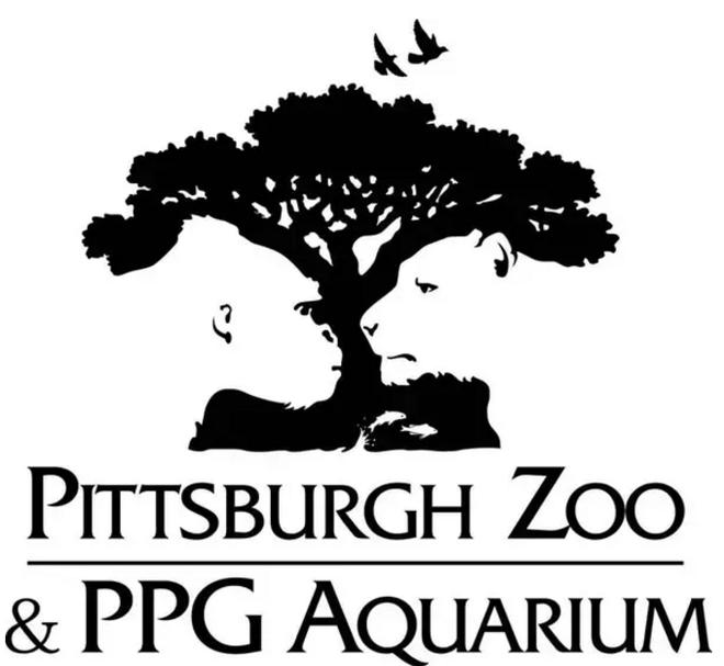  Logo vườn thú Pittsburgh và công viên hải dương PPG với không gian âm là hình những động vật như tinh tinh, sư tử, cá,... 
