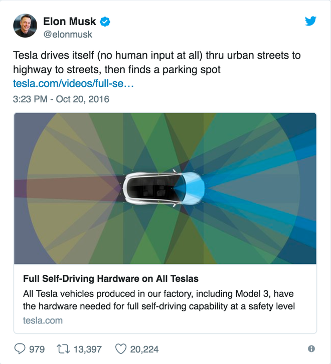  Tesla sẽ tự lái được (không cần điều khiển từ con người) qua các đường phố đô thị, cho đến đường cao tốc, cho đến phố xá, và có thể tự tìm chỗ đỗ xe... 
