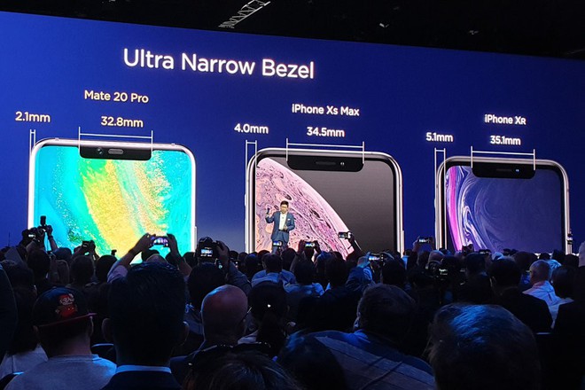 Huawei đem iPhone Xs Max và iPhone XR ra so sánh, để chứng minh Mate 20 Pro là smartphone có viền bezel mỏng nhất - Ảnh 1.