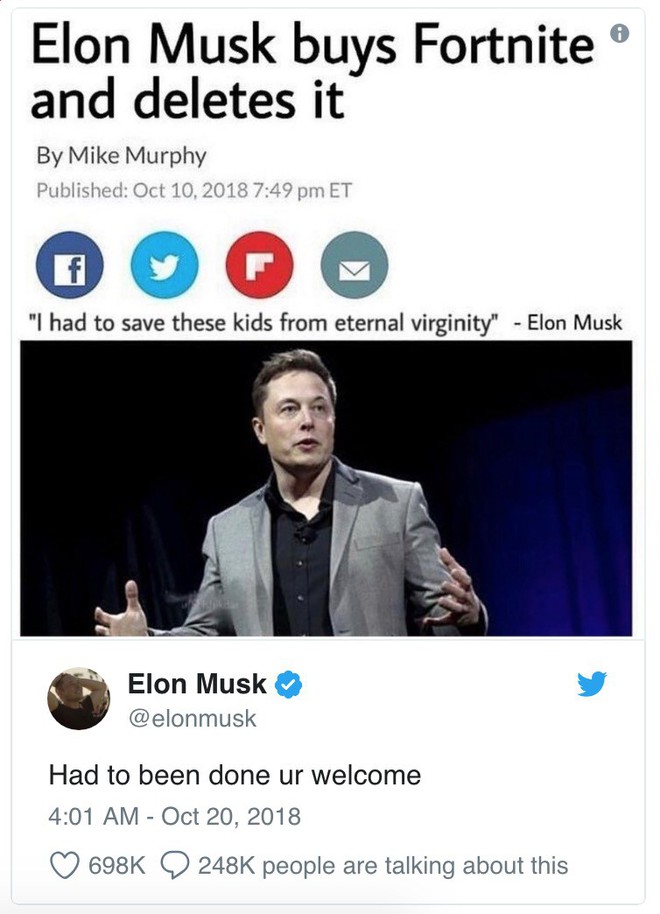 Elon Musk troll cư dân mạng rằng ông đã mua lại Fortnite và xóa vĩnh viễn tựa game nổi tiếng - Ảnh 1.