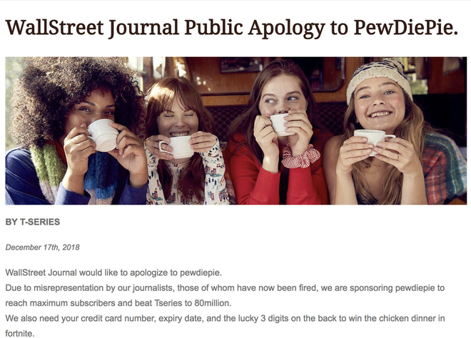 Wall Street Journal bị hack để đăng lời xin lỗi và kêu gọi mọi người subcribe PewDiePie - Ảnh 1.
