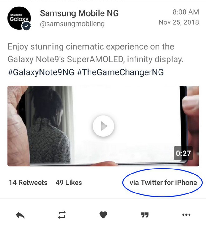 Samsung hai lần đăng quảng cáo cho Galaxy Note9 trên Twitter bằng iPhone - Ảnh 1.