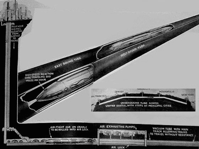  Vào năm 1910, nhà tiên phong trong lĩnh vực tên lửa Mỹ Robert Goddard đã thiết kế một loại tàu hỏa có khả năng di chuyển từ Boston đến New York chỉ trong vòng 12 phút. Mặc dù chưa bao giờ được hiện thực hóa nhưng nó cũng đã phần nào hé lộ ý tưởng về một đoàn tàu lơ lửng trên hệ thống đường ray từ trường trong một đường ống áp suất thấp. 