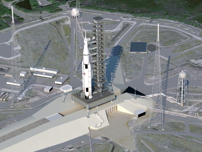  Hình ảnh máy tính vẽ ra cảnh tên lửa SLS được gắn vào bệ phóng tốn kém trên. 