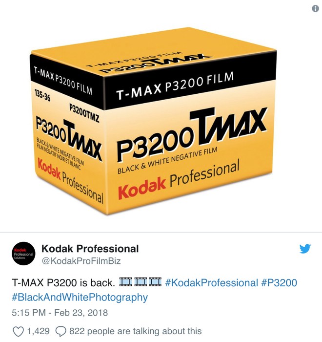  Dòng Tweet chào mừng việc trở lại của T-MAX P3200 trên Tweeter Kodak 