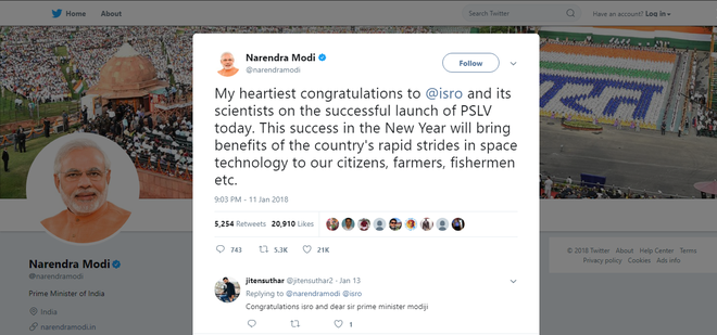 Tweet của thủ tướng Ấn Độ chúc mừng đợt phóng vệ tinh thành công