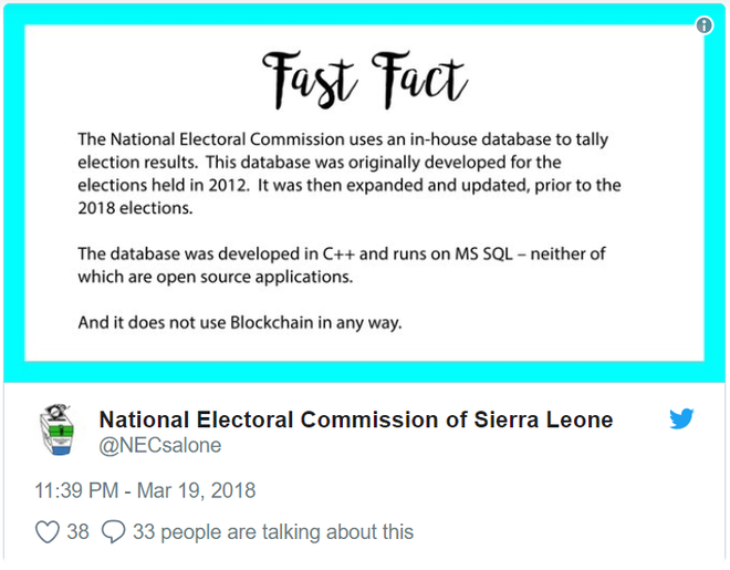 Dòng Tweet cho biết, NEC sử dụng cơ sở dữ liệu nội bộ để kiểm tra kết quả bầu cử. Cơ sở dữ liệu này được phát triển từ đầu trong cuộc bầu cử tổ chức năm 2012. Sau đó nó đã được mở rộng và cập nhật, ưu tiên cho cuộc bầu cử năm 2018. Cơ sở dữ liệu được phát triển trên C và chạy MS SQL - không có chương trình nào là ứng dụng mã nguồn mở. Và nó không hề dùng Blockchain. 