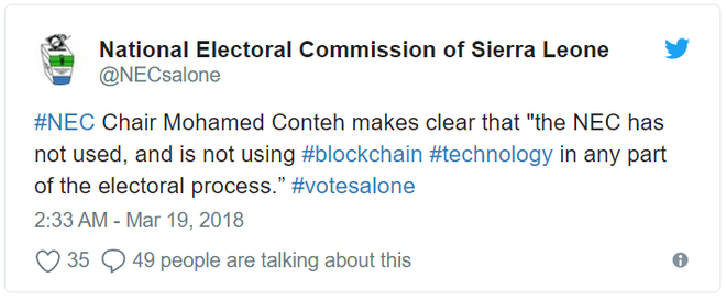  Tweet của NEC Sierra Leone trích dẫn câu nói của chủ tịch NEC, ông Mohamed Conteh. 