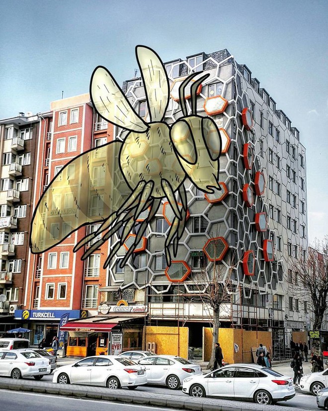 
Chú ong khổng lồ bên cạnh tòa nhà trông không khác gì cái tổ ong
