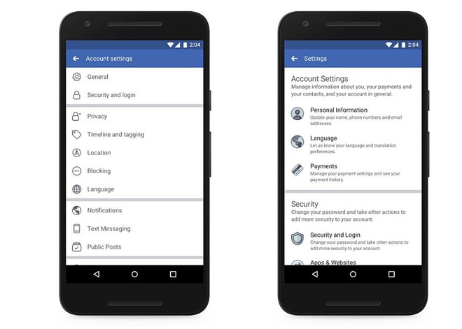  Giao diện cài đặt cũ (trái) và giao diện cài đặt mới (phải) trên thiết bị di động của Facebook 