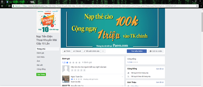  Page facebook giả mạo lập để chạy quảng cáo với các bình luận lừa đào từ người dùng 