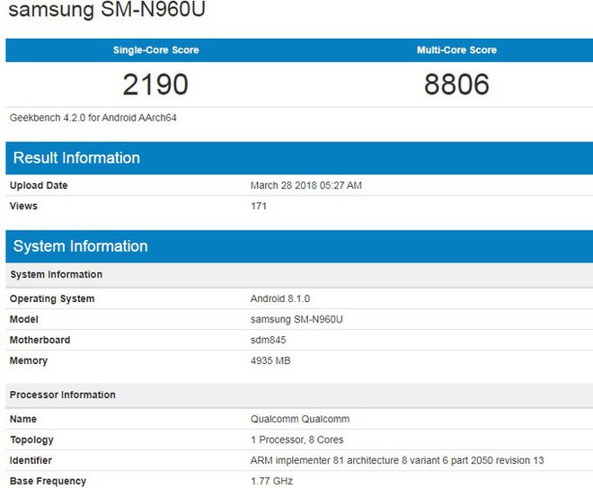 
Điểm benchmark của Snapdragon 845 tích hợp trên Galaxy Note 9
