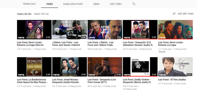  MV Despacito không còn xuất hiện trong danh sách các video của kênh LuisFonsiVEVO 