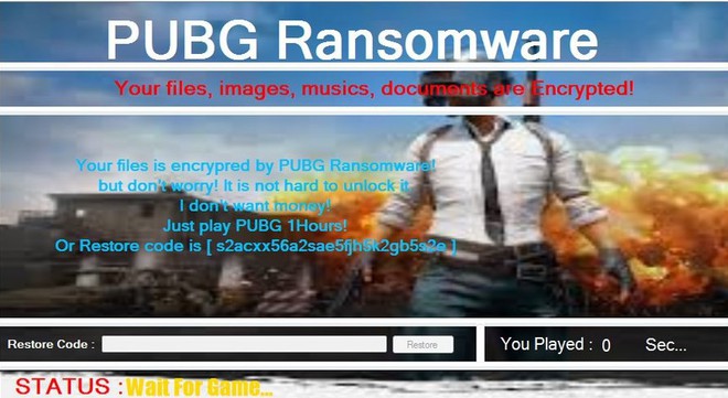  PUBG ransomware yêu cầu người dùng phải chơi game 1 tiếng mới có thể mở khóa dữ liệu. 