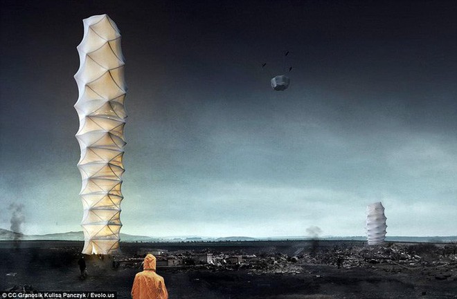  Hình ảnh mô phỏng thiết kế tòa nhà cao tầng có thể gập lại được như mô hình xếp giấy Origami để trực thăng dễ dàng chở tới các vùng bị thiên tai 