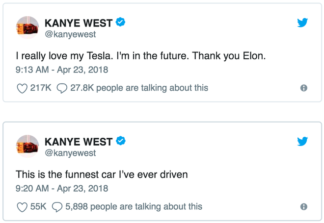 Kayne West gửi lời cám ơn Elon Musk, hết lời ca ngợi chiếc xe Tesla mới được tặng - Ảnh 1.