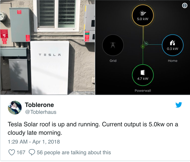 
Miếng mái năng lượng mặt trời của Tesla đã được lắp đặt và chaỵ được rồi. Hiện tại đang sản xuất 5,9 kW trong một buổi sáng nhiều mây.
