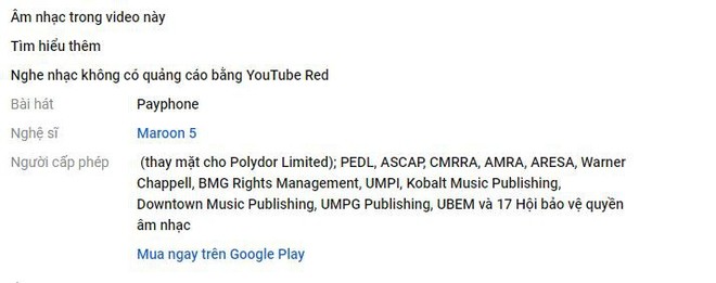  YouTube đã cung cấp thêm thông tin về bản nhạc sử dụng trong video trên nền tảng của mình. 